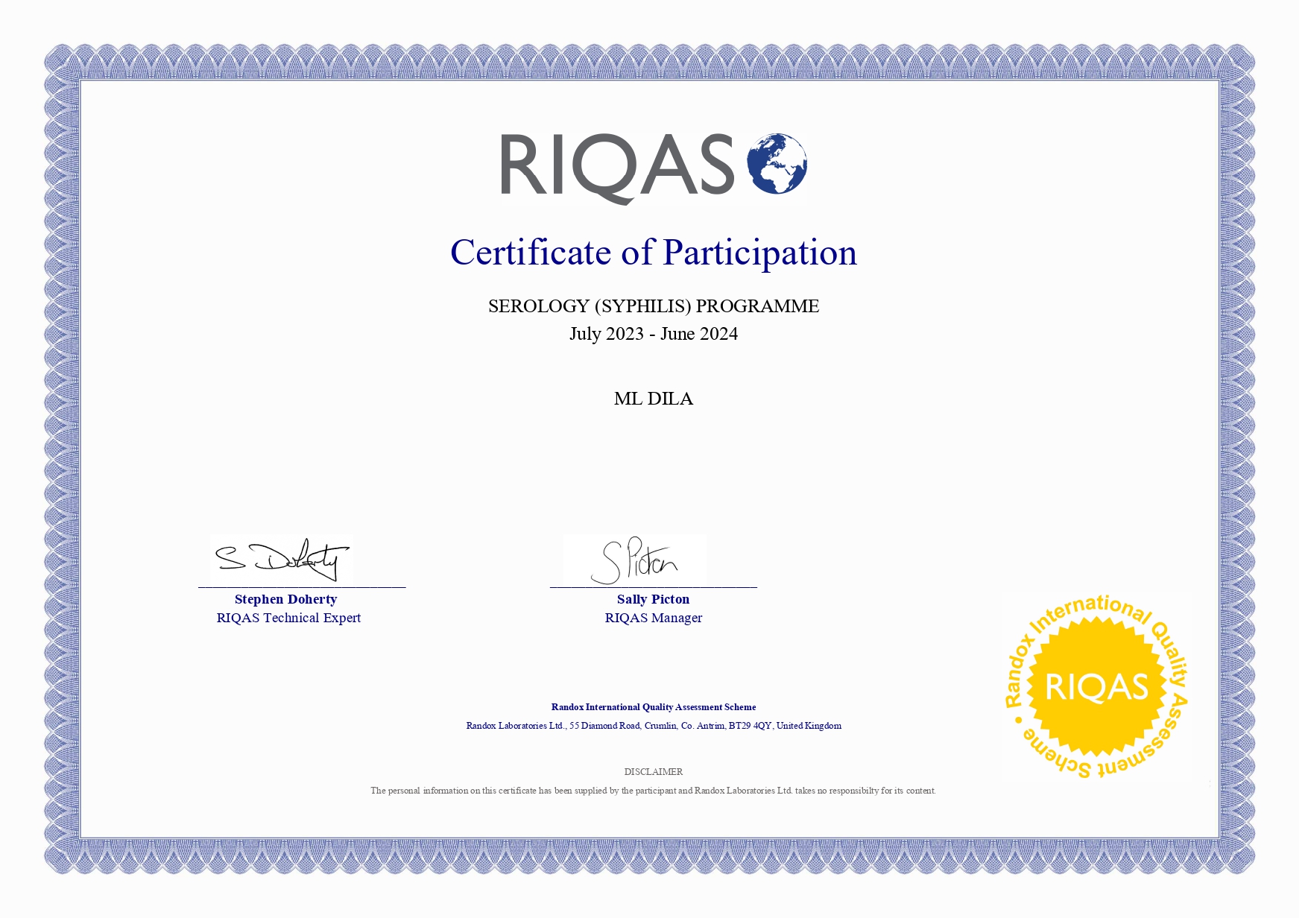 Фото - Сертифікат участі в програмі зовнішньої оцінки якості RIQAS (Серологія Сифіліс) 2024