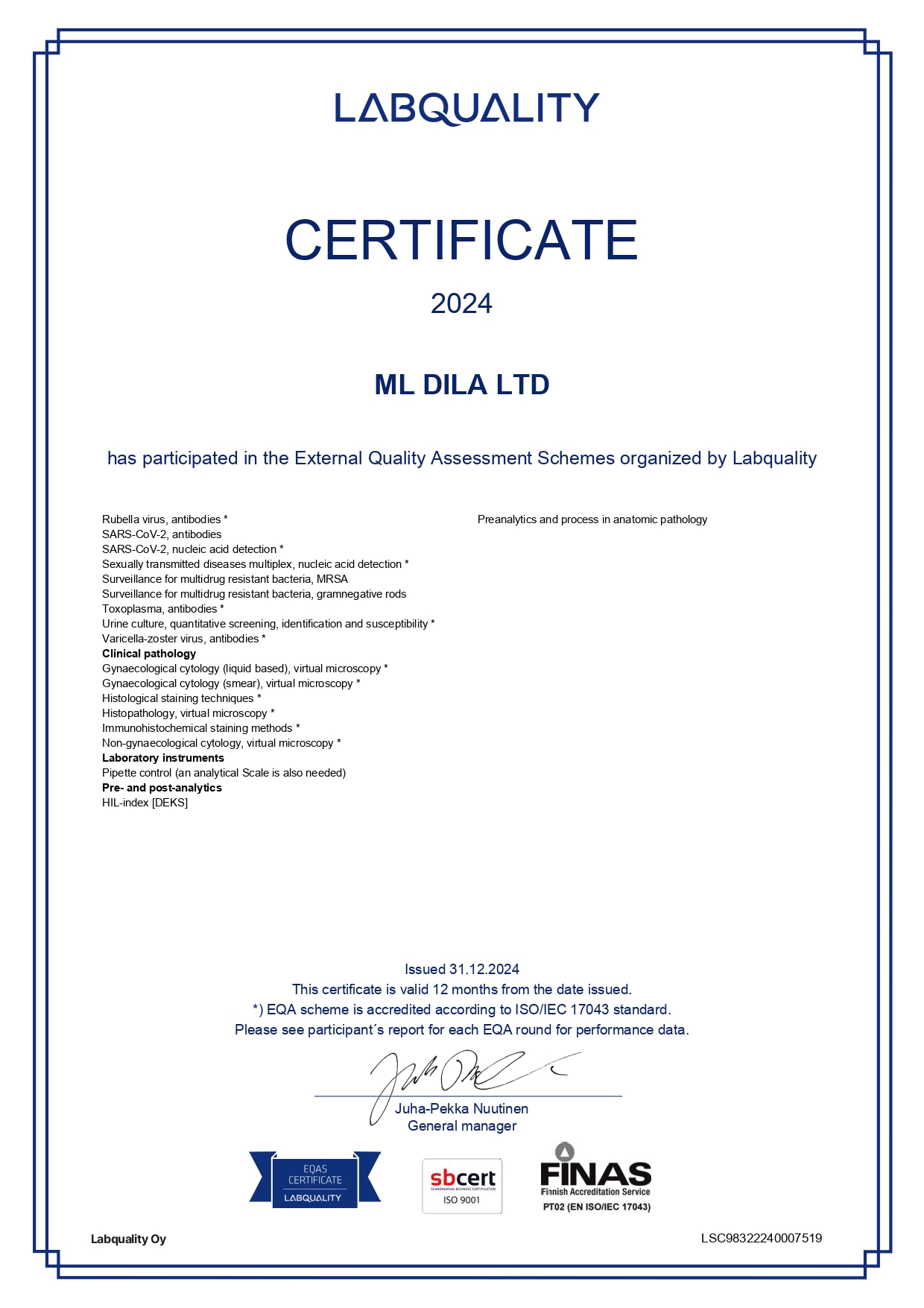 Фото - Сертифікат участі в програмі зовнішньої оцінки якості Labquality 2024