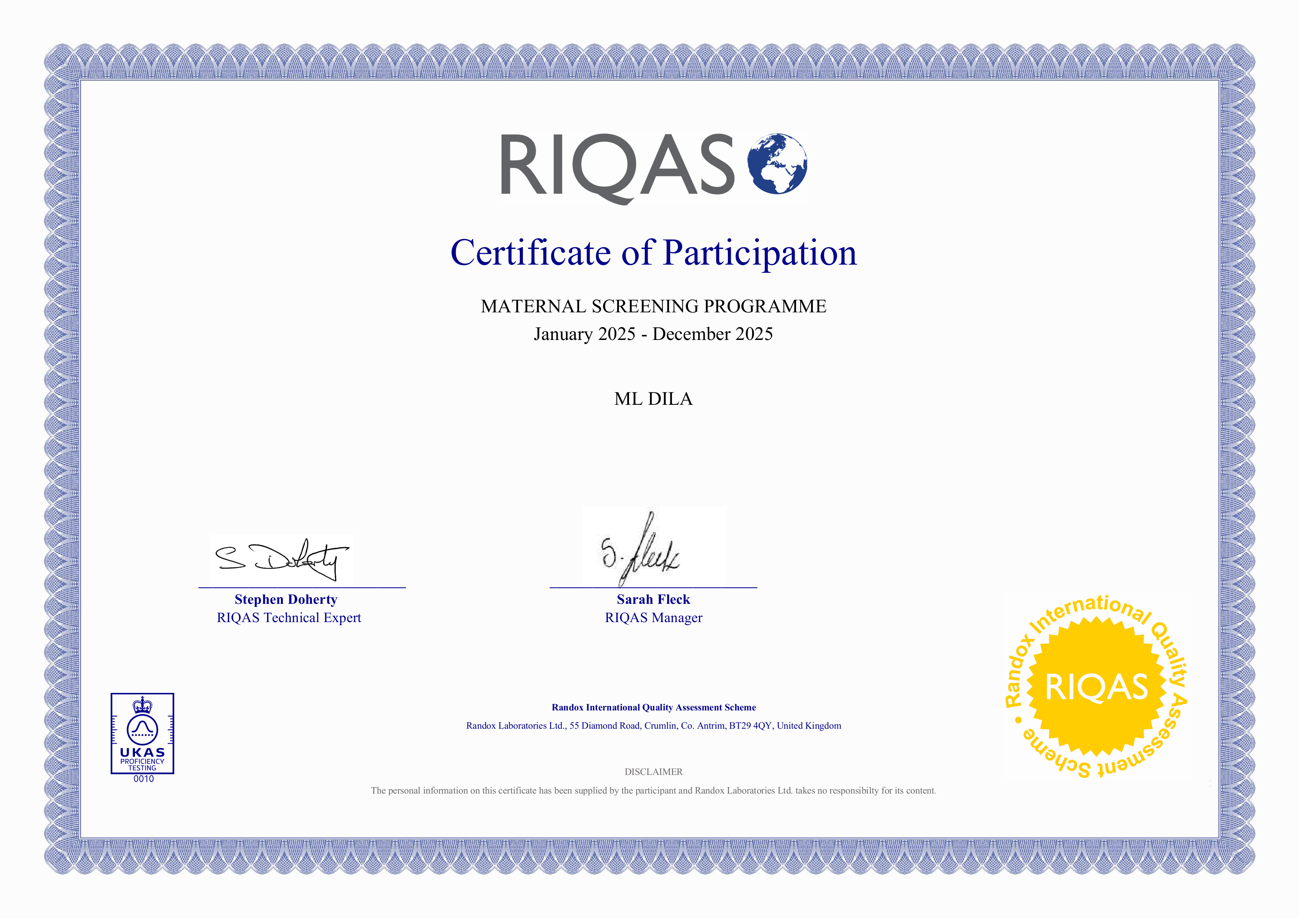 Фото - Сертифікат участі в програмі зовнішньої оцінки якості RIQAS (Пренатальний скринінг) 2025