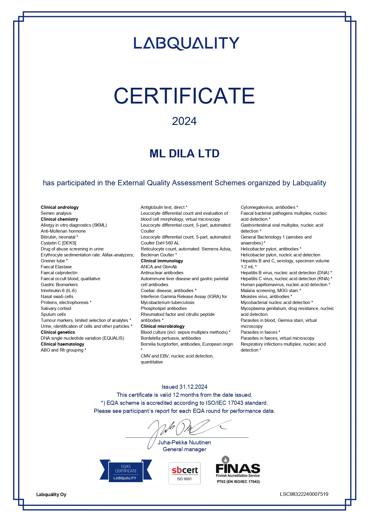 Фото - Сертифікат участі в програмі зовнішньої оцінки якості Labquality 2024